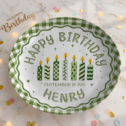 Green Gingham Birthday Candles Keepsake Personalized Birthday Plate for Kids P72333Z0