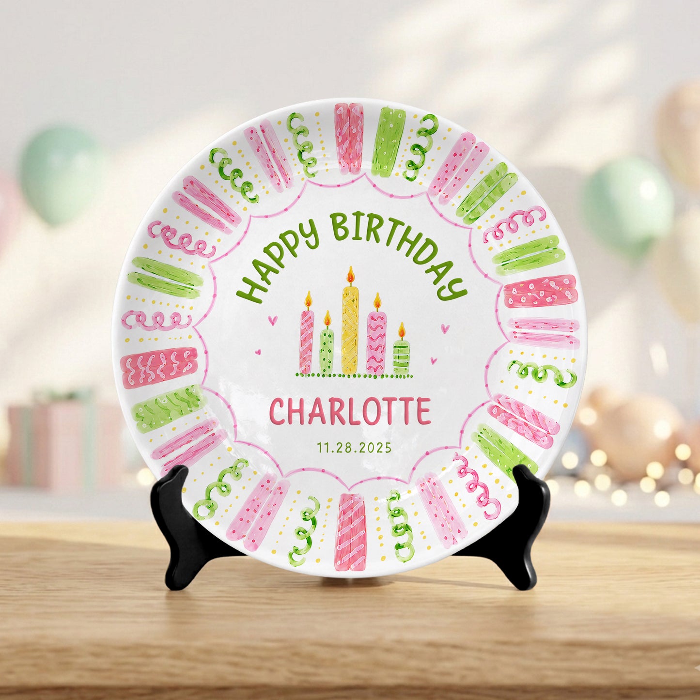 Colorful Pink Green Candle Design Personalized Birthday Plate for Kids P814XTQ0