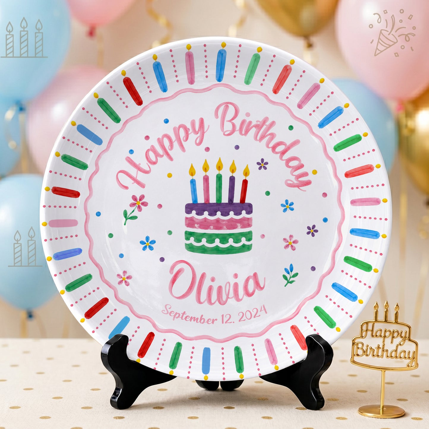 Colorful Birthday Cake Keepsake Personalized Birthday Plate for Kids D6250W50