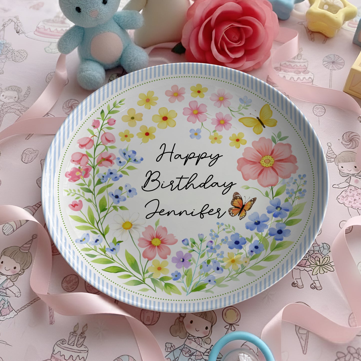 Blue Stripe Wildflower Personalized Birthday Plate P226BYE0