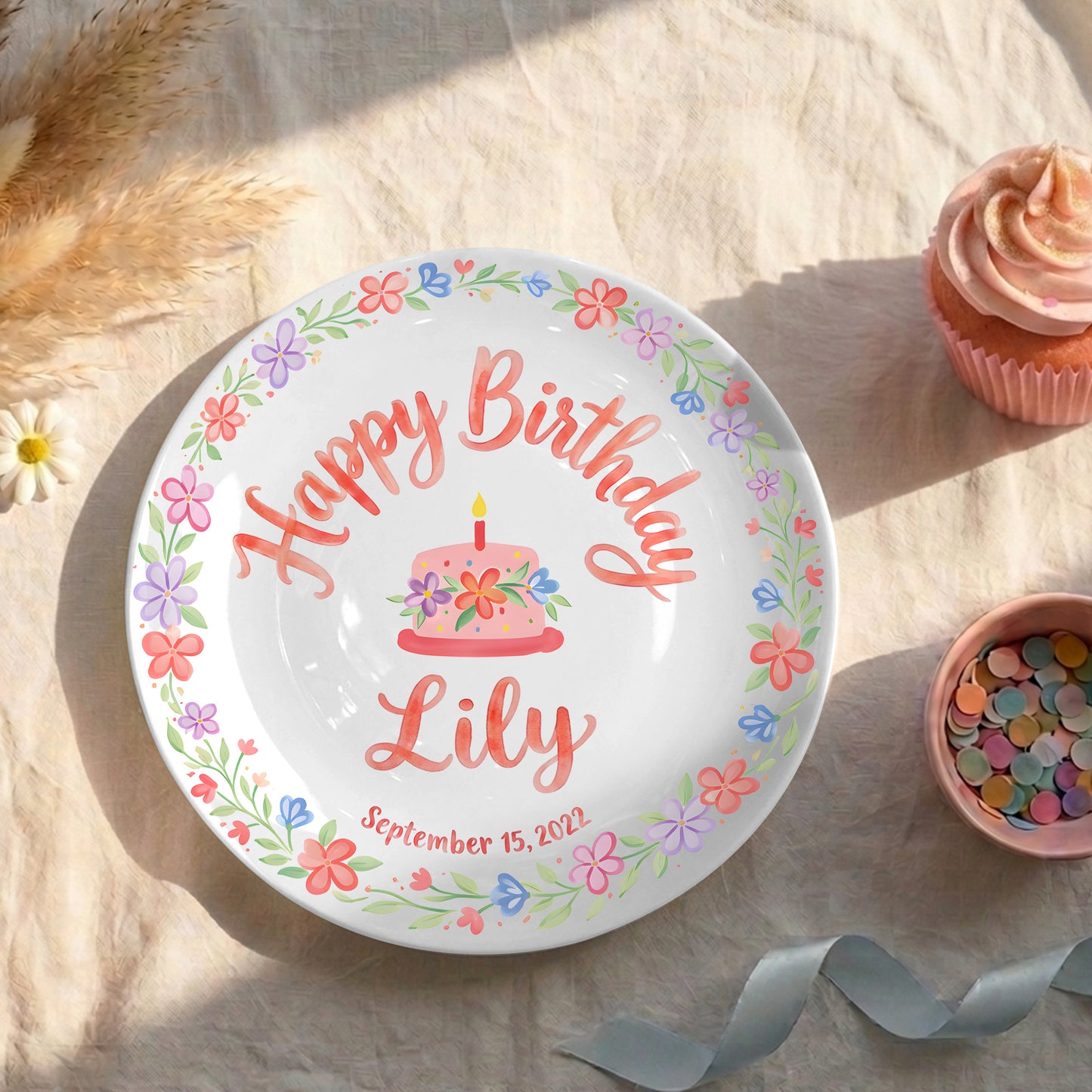 Floral Wreath with Pink Birthday Cake Personalized Birthday Plate P415Q5C0