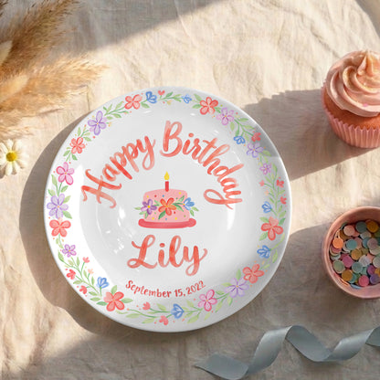 Floral Wreath with Pink Birthday Cake Personalized Birthday Plate P415Q5C0