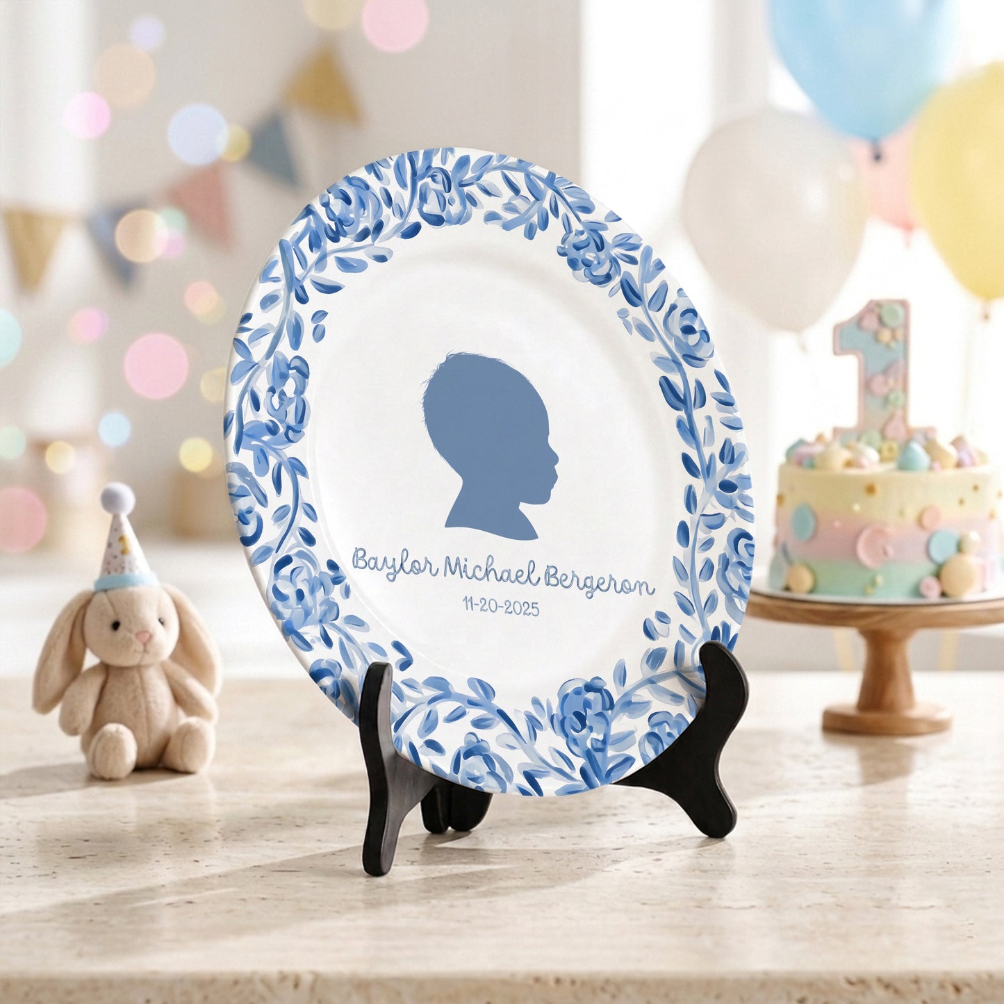 Blue Floral Silhouette Personalized Birthday Plate for Kids, Custom Name and Date Ceramic Keepsake P85LY90
