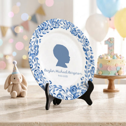 Blue Floral Silhouette Personalized Birthday Plate for Kids, Custom Name and Date Ceramic Keepsake P85LY90