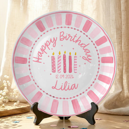 Pink Striped Border with Pink Birthday Candles Personalized Birthday Plate P481HC0