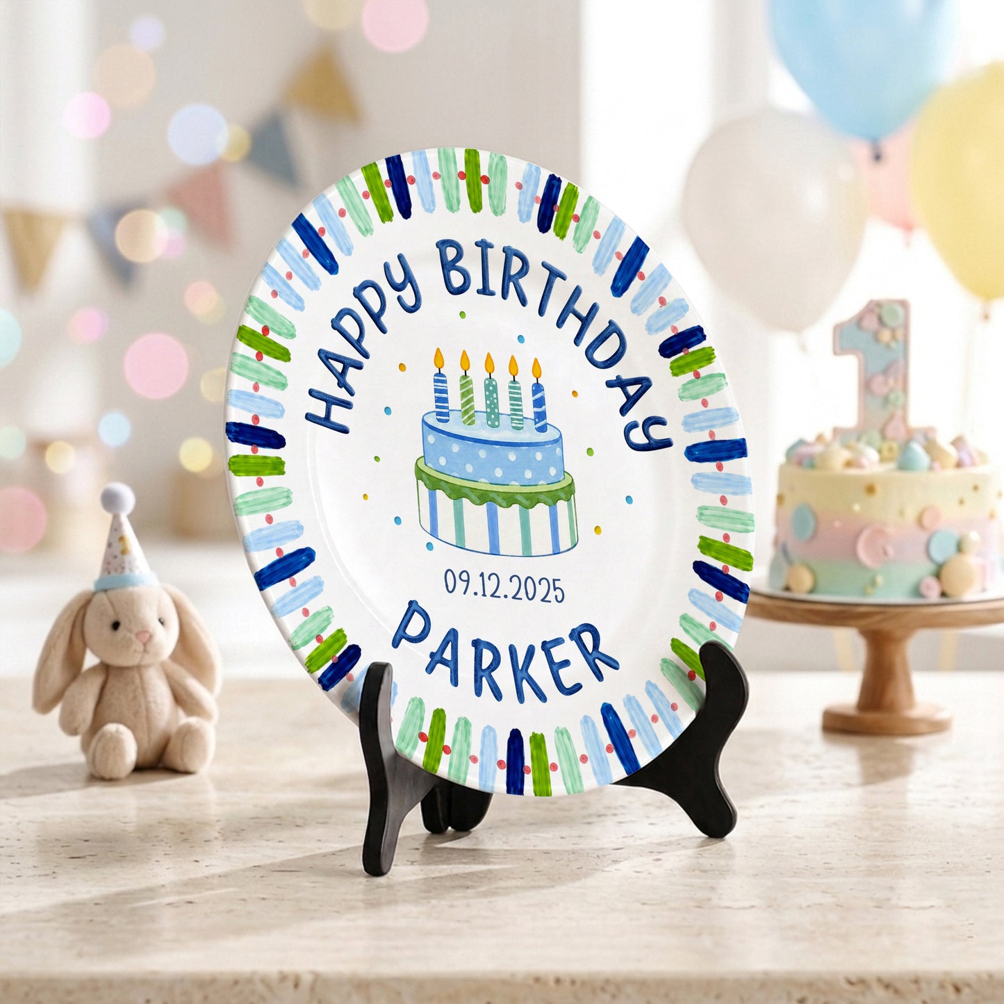 Blue Stripe Birthday Cake Personalized Birthday Plate P728HNA0