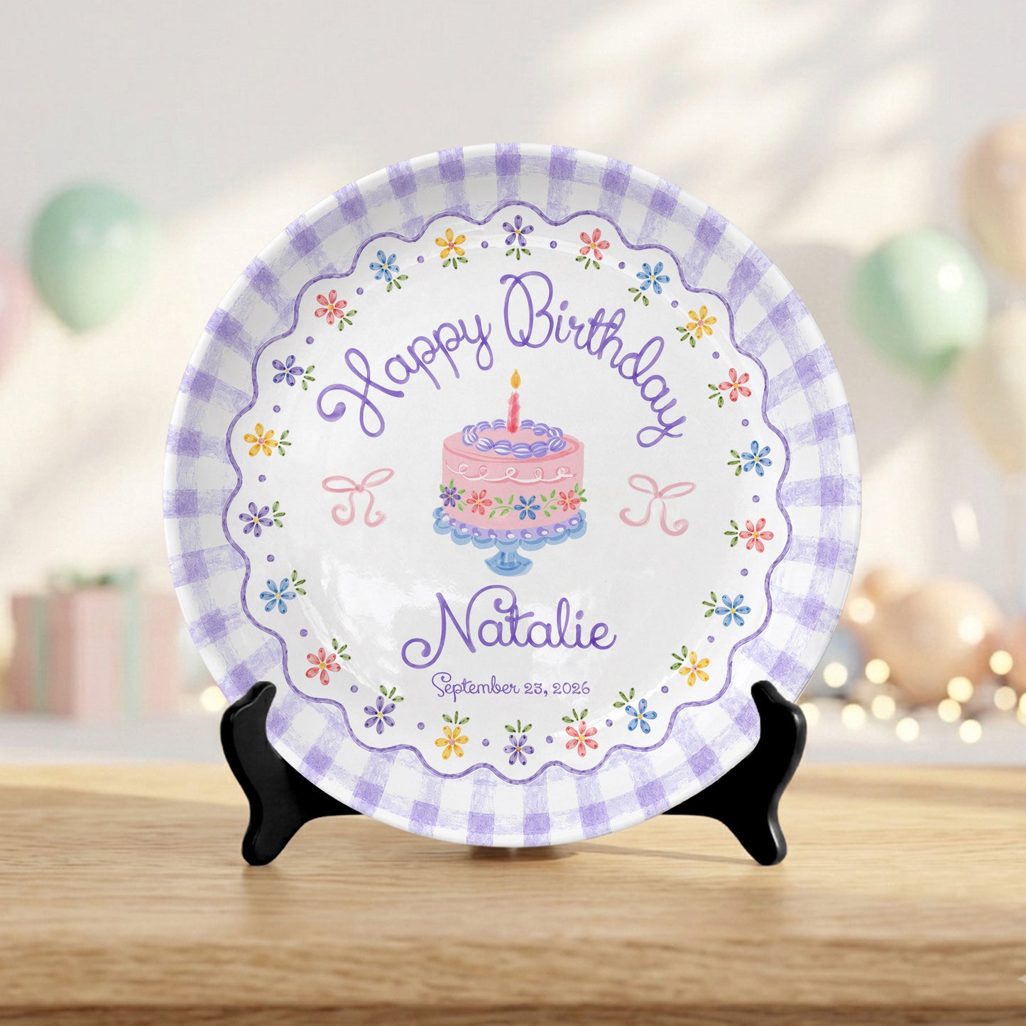 Purple Gingham Floral Birthday Cake Custom Name Keepsake Personalized Birthday Plate Gift P818DTR0
