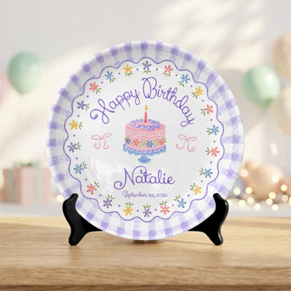 Purple Gingham Floral Birthday Cake Custom Name Keepsake Personalized Birthday Plate Gift P818DTR0