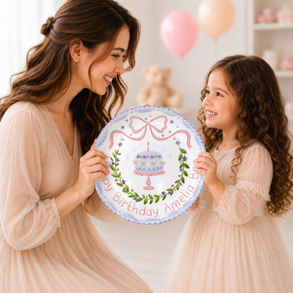 Pink Bow and Lavender Floral Wreath Cake Stand Personalized Birthday Plate P62GQC0