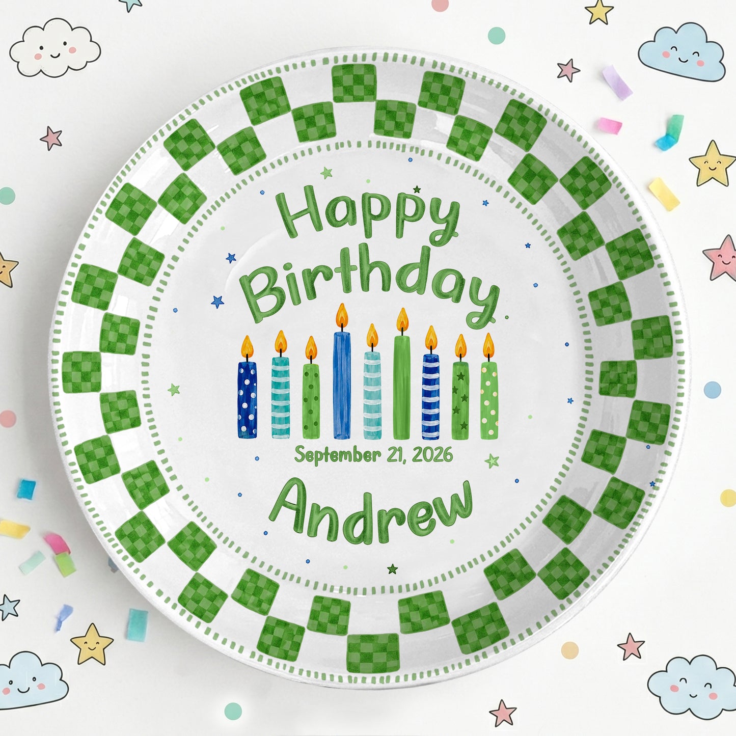 Green Checker Birthday Candles Keepsake Personalized Birthday Plate D78C8H0