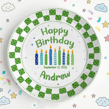 Green Checker Birthday Candles Keepsake Personalized Birthday Plate D78C8H0
