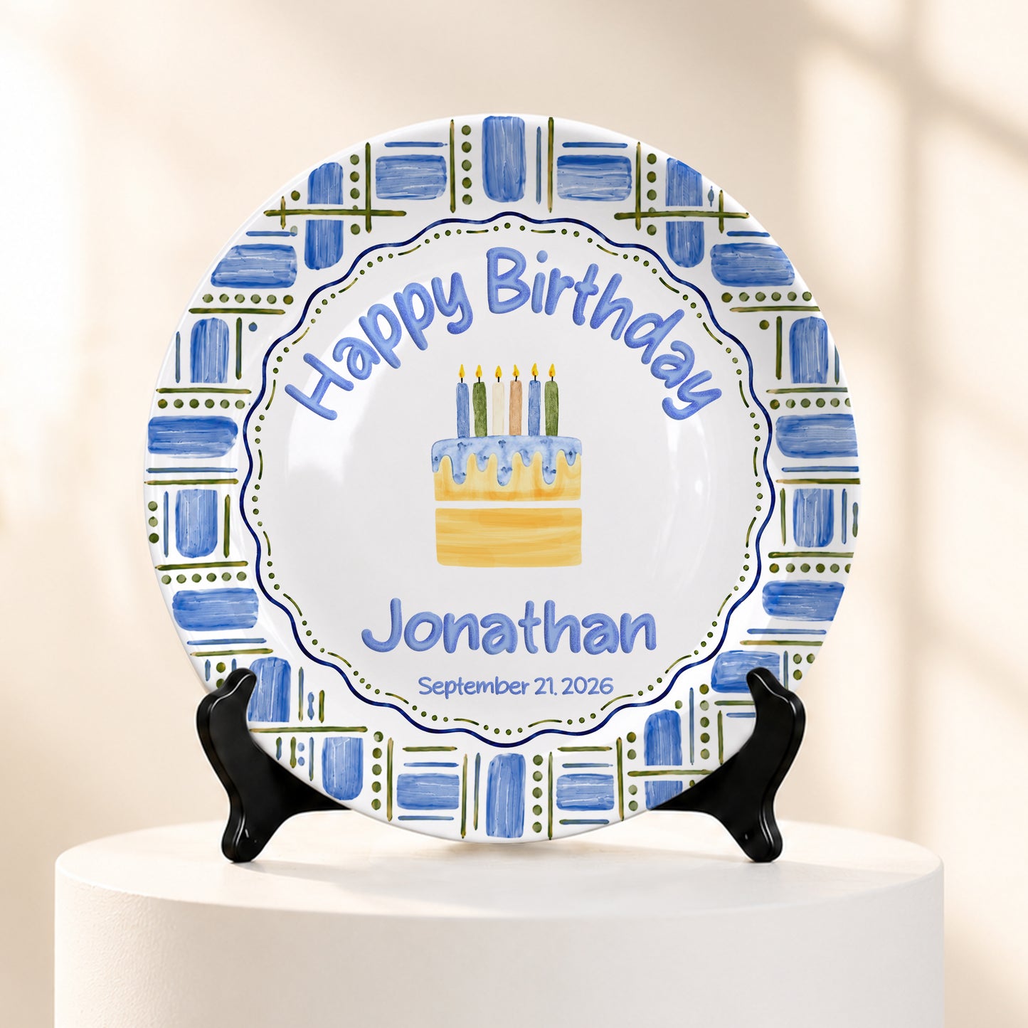 Blue Plaid Personalized Birthday Plate for Boys, Custom Birthday Keepsake Gift P730VM90