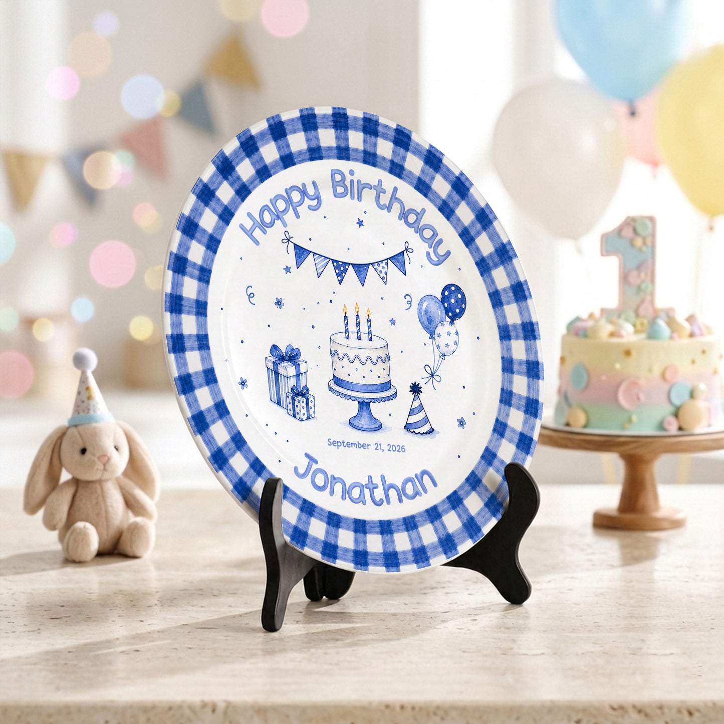 Blue Checkered Personalized Birthday Plate for Kids, Custom Name and Date Ceramic Keepsake P85XBL0
