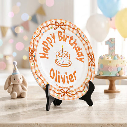 Orange Gingham Bow Personalized Birthday Plate for Kids, Custom Name and Date Ceramic Keepsake P85RP60
