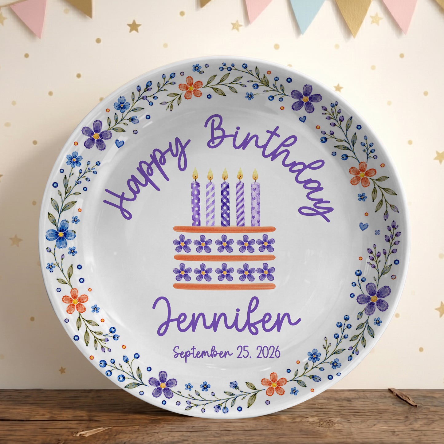 Purple Floral Personalized Birthday Plate for Girls, Custom Birthday Keepsake Gift P723G7E0
