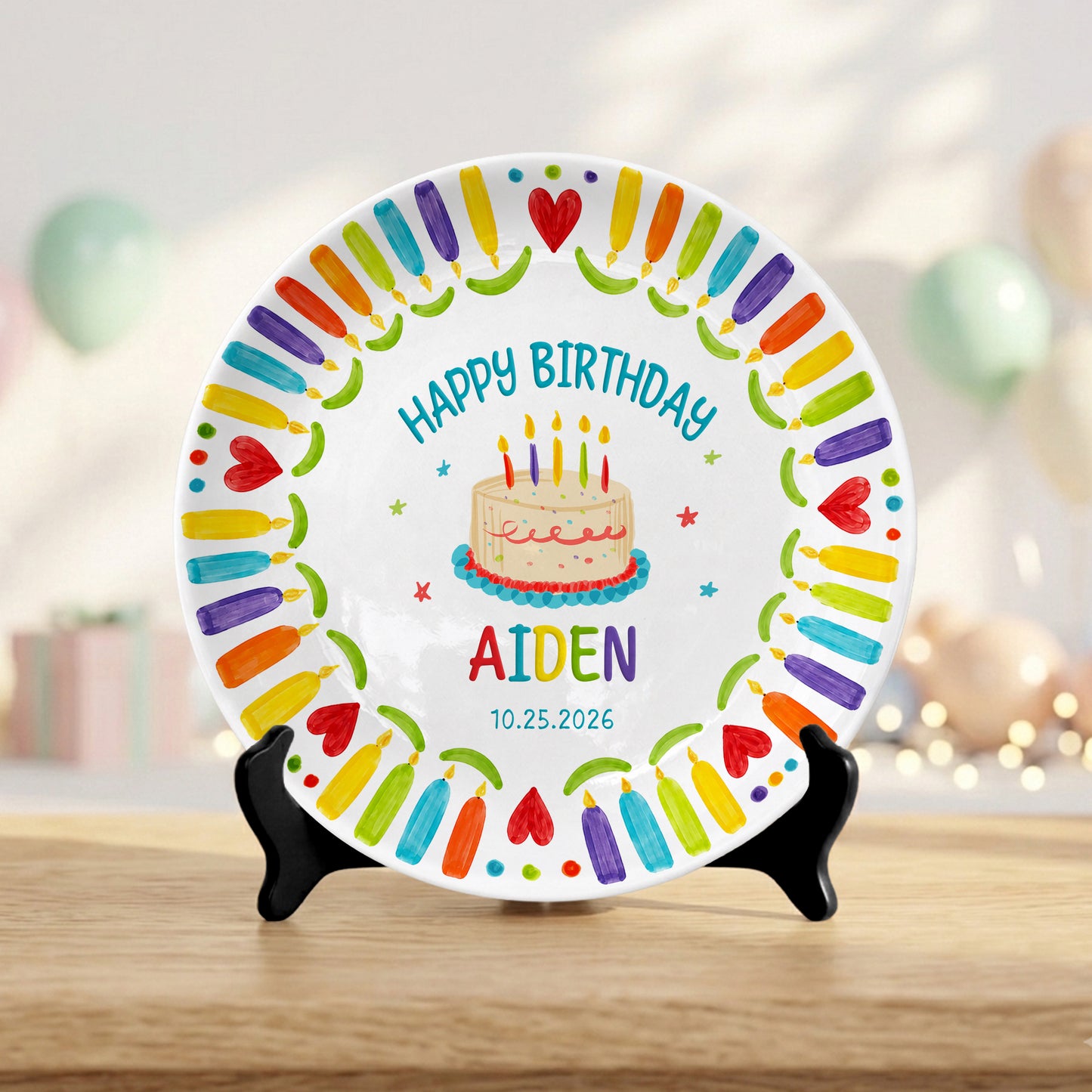 Colorful Candle Kids Birthday Keepsake Custom Name Date Personalized Birthday Plate P8140WR0