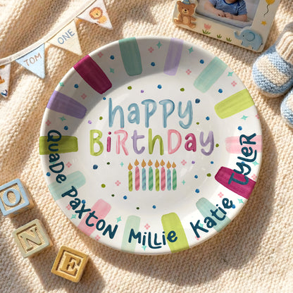 Rainbow Stripe Candle Personalized Birthday Plate for Kids P525IDR0