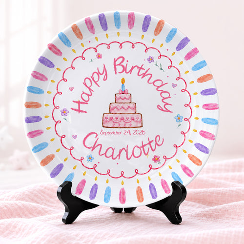 Colorful Candle Border with Tiered Birthday Cake Personalized Birthday Plate D69OJI0
