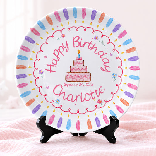 Colorful Candle Border with Tiered Birthday Cake Personalized Birthday Plate D69OJI0
