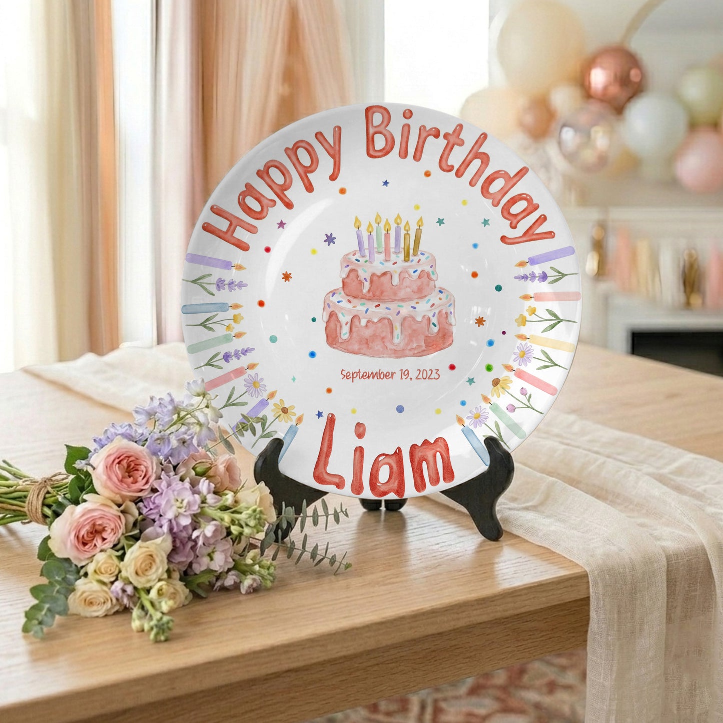 Floral Candle Cake Personalized Birthday Plate P423TT60