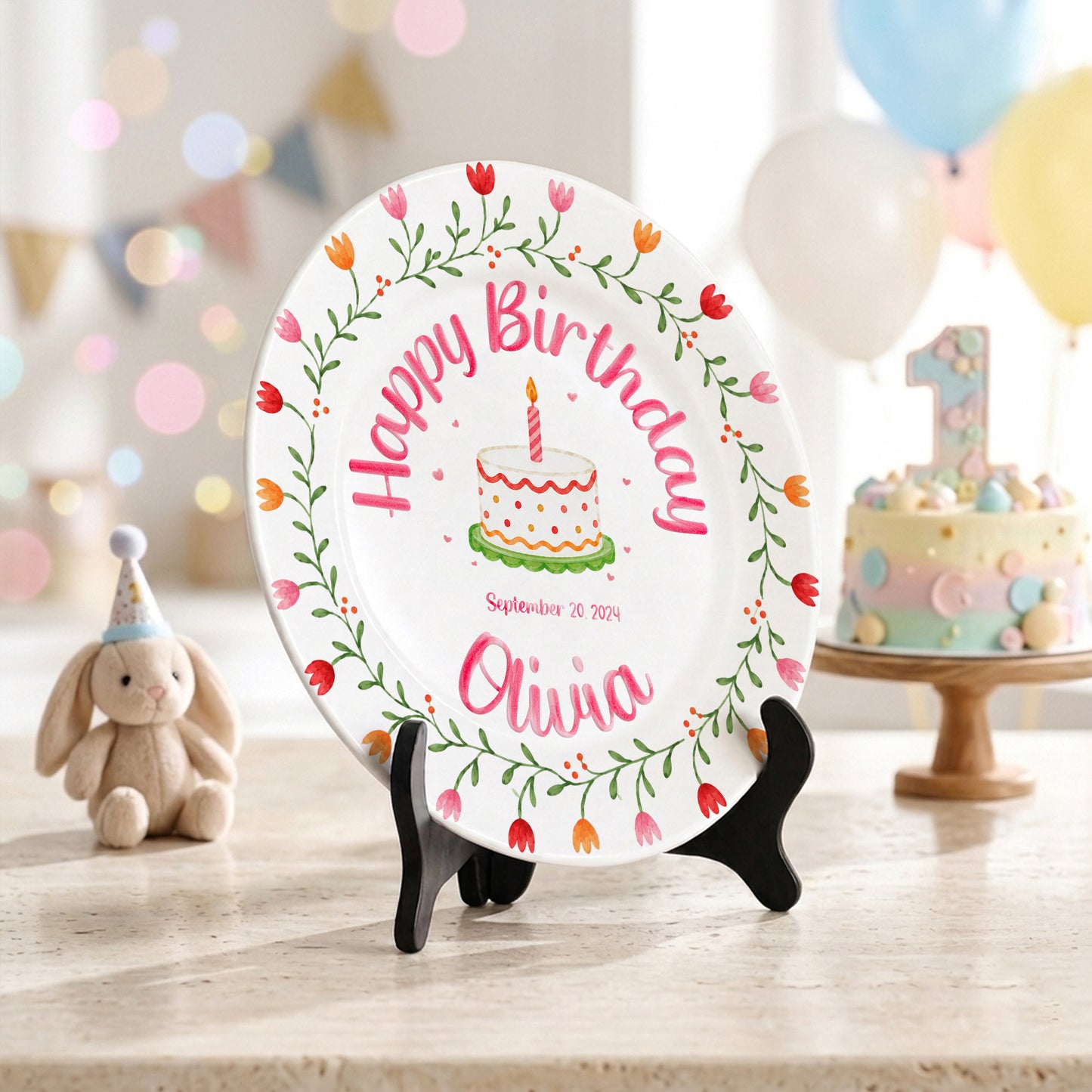 Tulip Floral Personalized Birthday Plate for Kids, Custom Name and Date Ceramic Keepsake P85E4U0