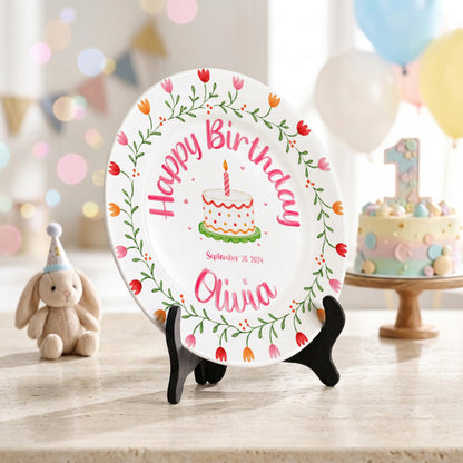 Tulip Floral Personalized Birthday Plate for Kids, Custom Name and Date Ceramic Keepsake P85E4U0