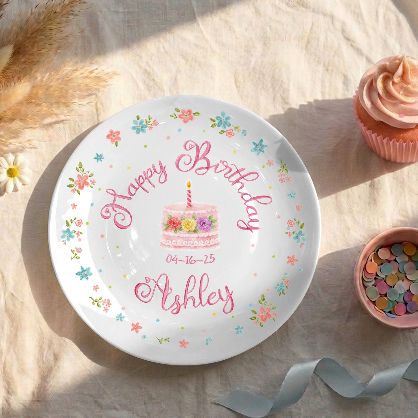Simple Floral Border Personalized Birthday Plate P412PQN0