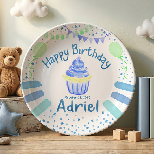 Blue Cupcake Balloon Personalized Birthday Plate P68OVE0a1