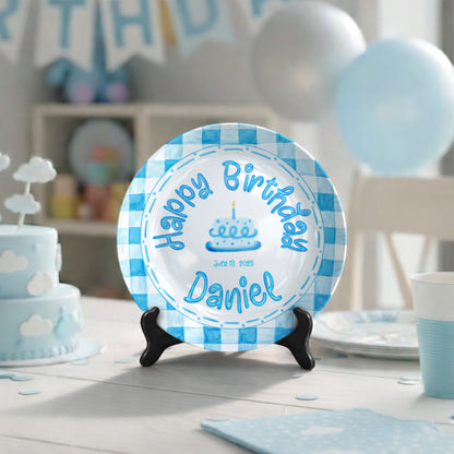 Classic Blue Gingham Personalized Birthday Plate P314ZPP0
