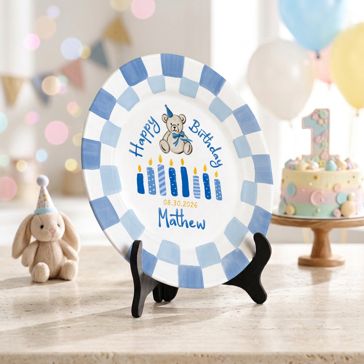 Blue Teddy Bear Birthday Cake Keepsake Personalized Birthday Plate For Kids Gift P713IUP0
