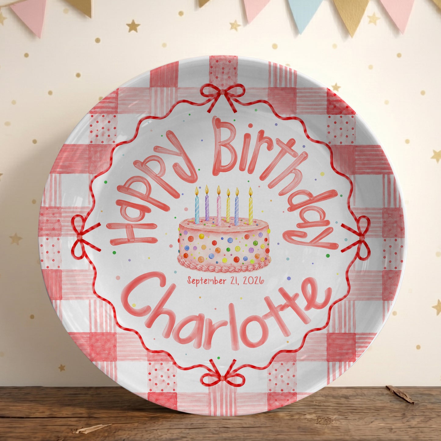Pink Gingham Bow Birthday Keepsake Personalized Birthday Plate for Girls P627UVB0