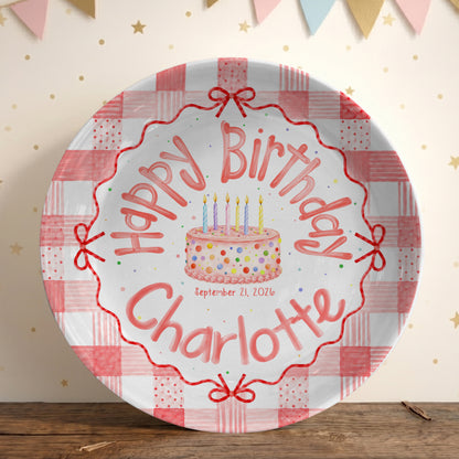 Pink Gingham Bow Birthday Keepsake Personalized Birthday Plate for Girls P627UVB0