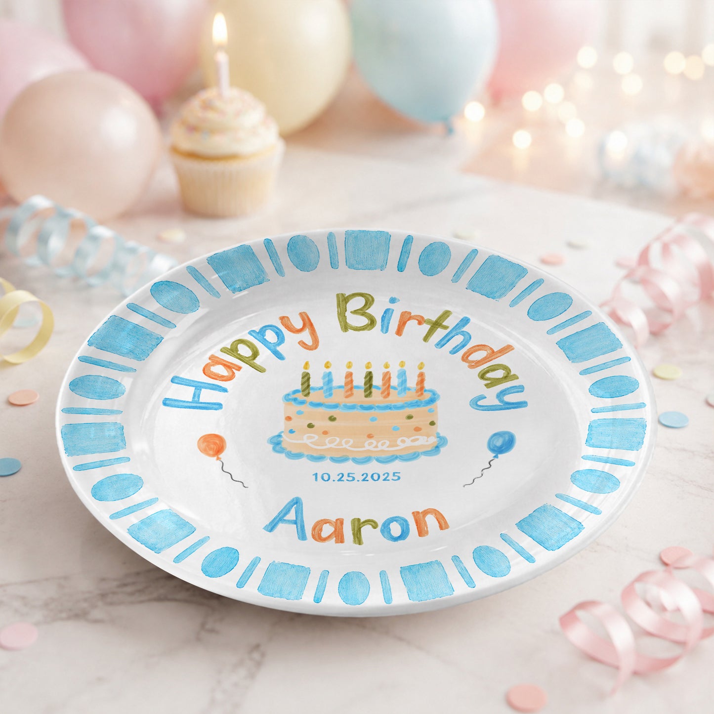 Blue Checkerboard Candle Custom Name Keepsake Personalized Birthday Plate P826TTU0