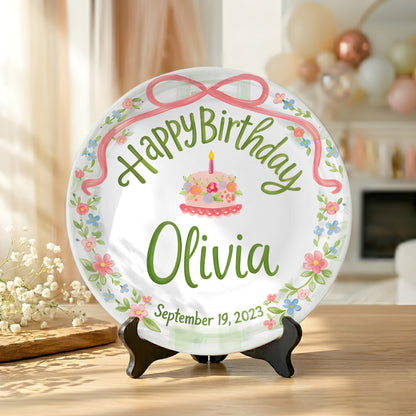 Pink Bow with Green Floral Border and Birthday Cake Personalized Birthday Plate P4156TV0