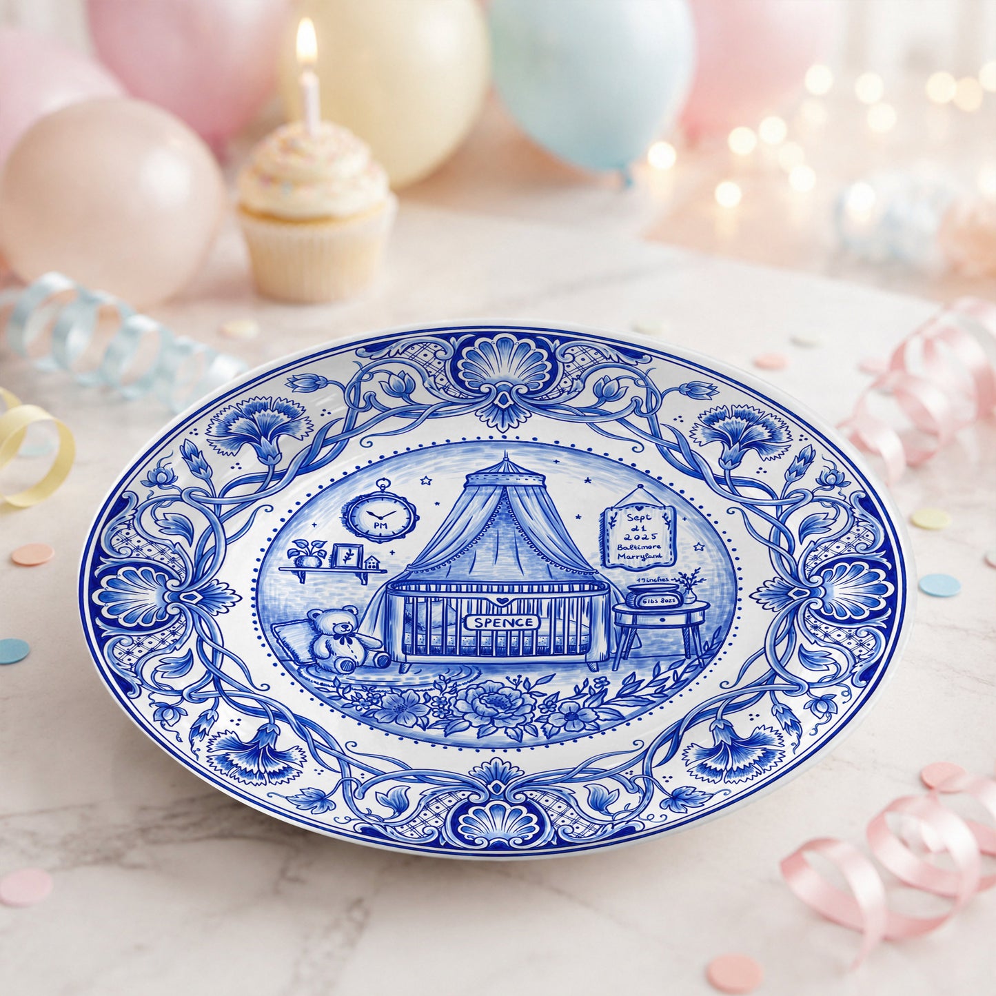 Delft Blue Newborn Birth Stats Custom Name Ceramic Personalized Birthday Plate P820OVX0