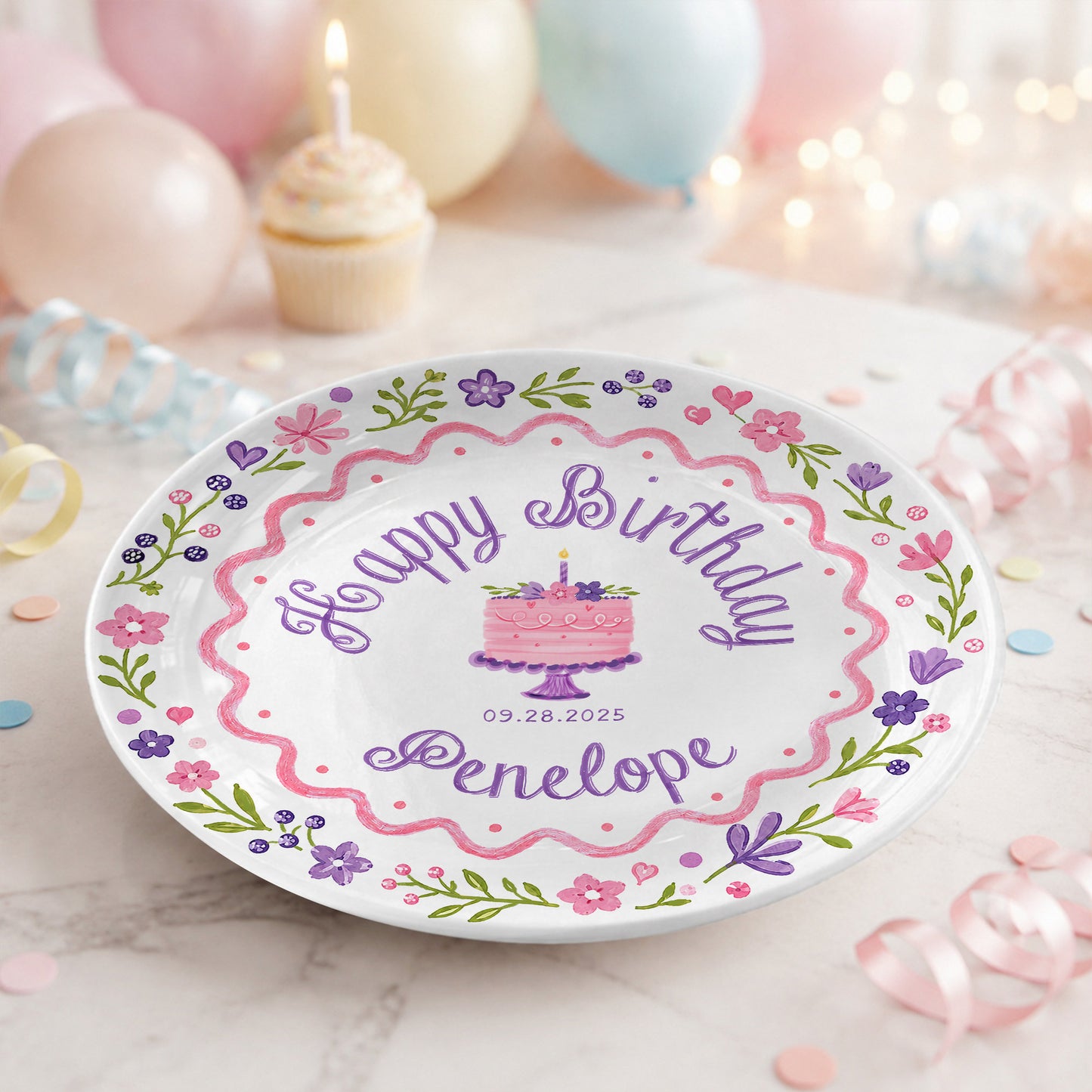 Floral Cake First Birthday Custom Name Keepsake Personalized Birthday Plate P826KAY0