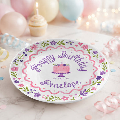 Floral Cake First Birthday Custom Name Keepsake Personalized Birthday Plate P826KAY0