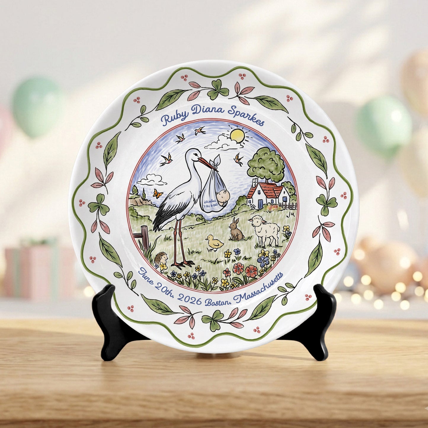 Stork Baby Birth Stats Nursery Keepsake Gift Personalized Birthday Plate P825DLK0