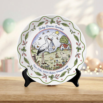 Stork Baby Birth Stats Nursery Keepsake Gift Personalized Birthday Plate P825DLK0