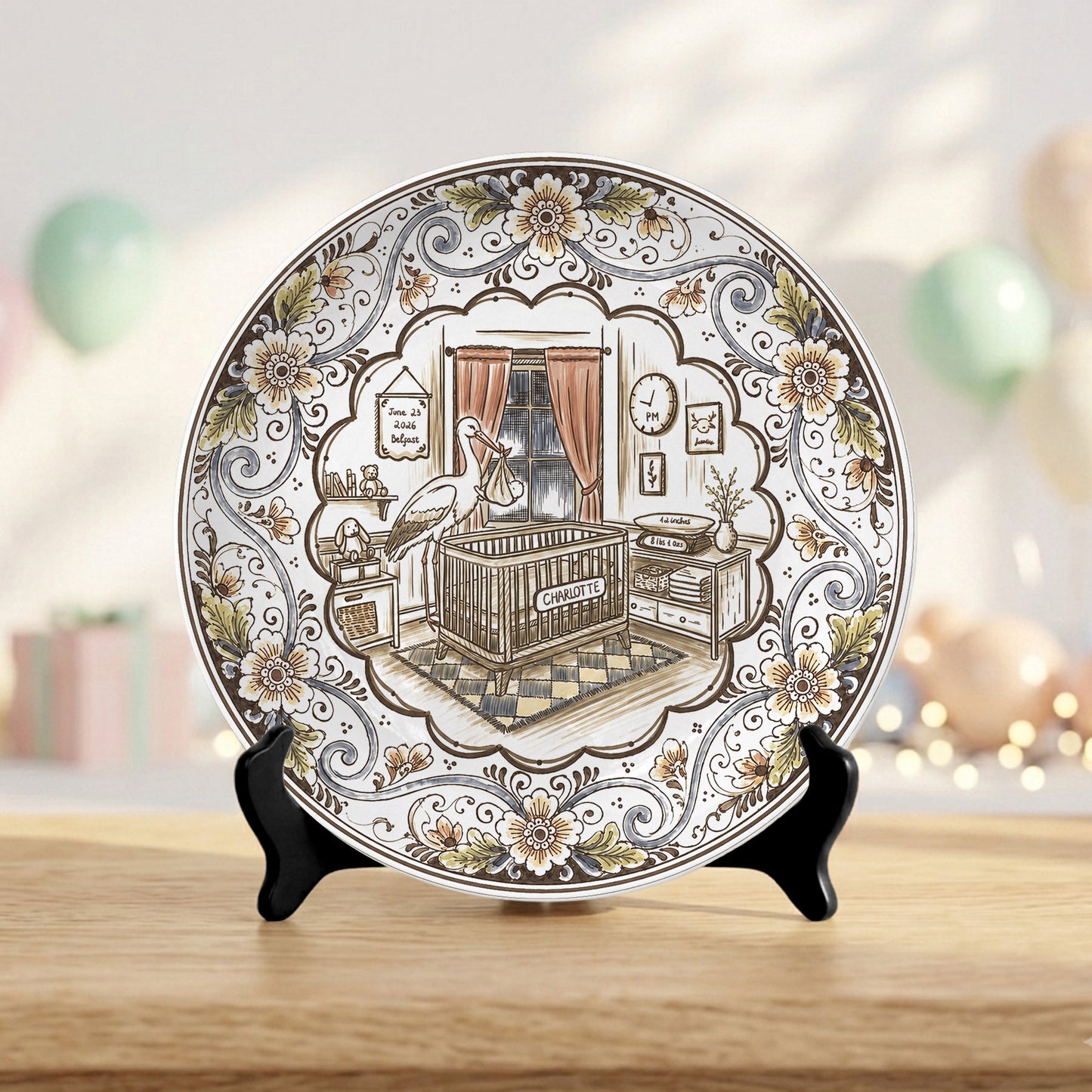 Vintage Floral Newborn Birth Stats Custom Name Ceramic Personalized Birthday Plate P820YFH0