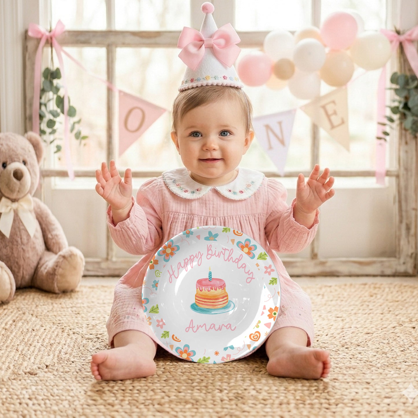 Colorful Floral with Cake Personalized Birthday Plate D92YJX0