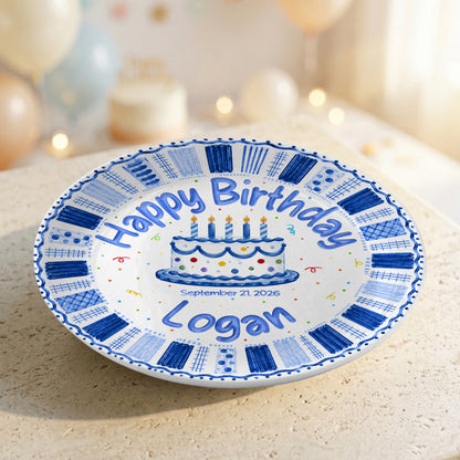 Blue Checkered Cake Personalized Birthday Plate for Boys Birthday Gift P812TGN0