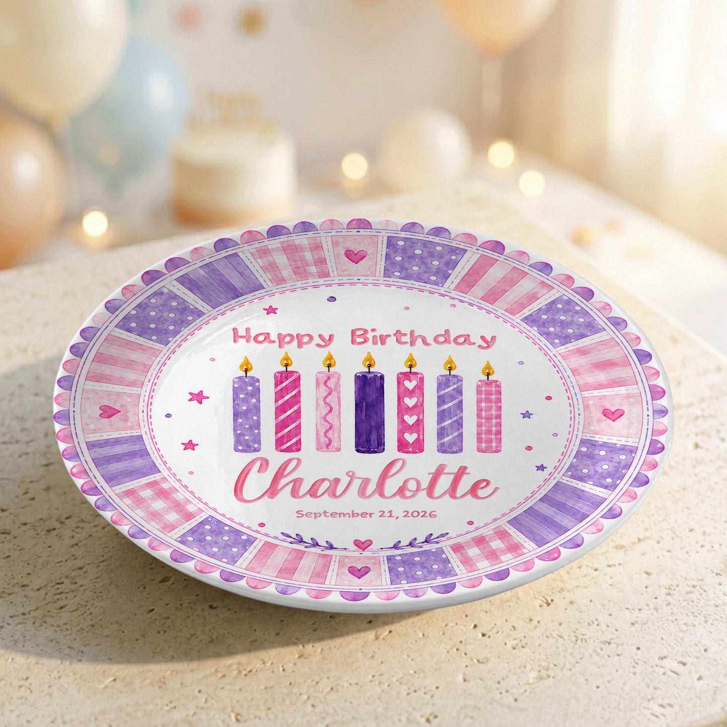 Pink Purple Candle Girl First Birthday Keepsake Personalized Birthday Plate P815CM10