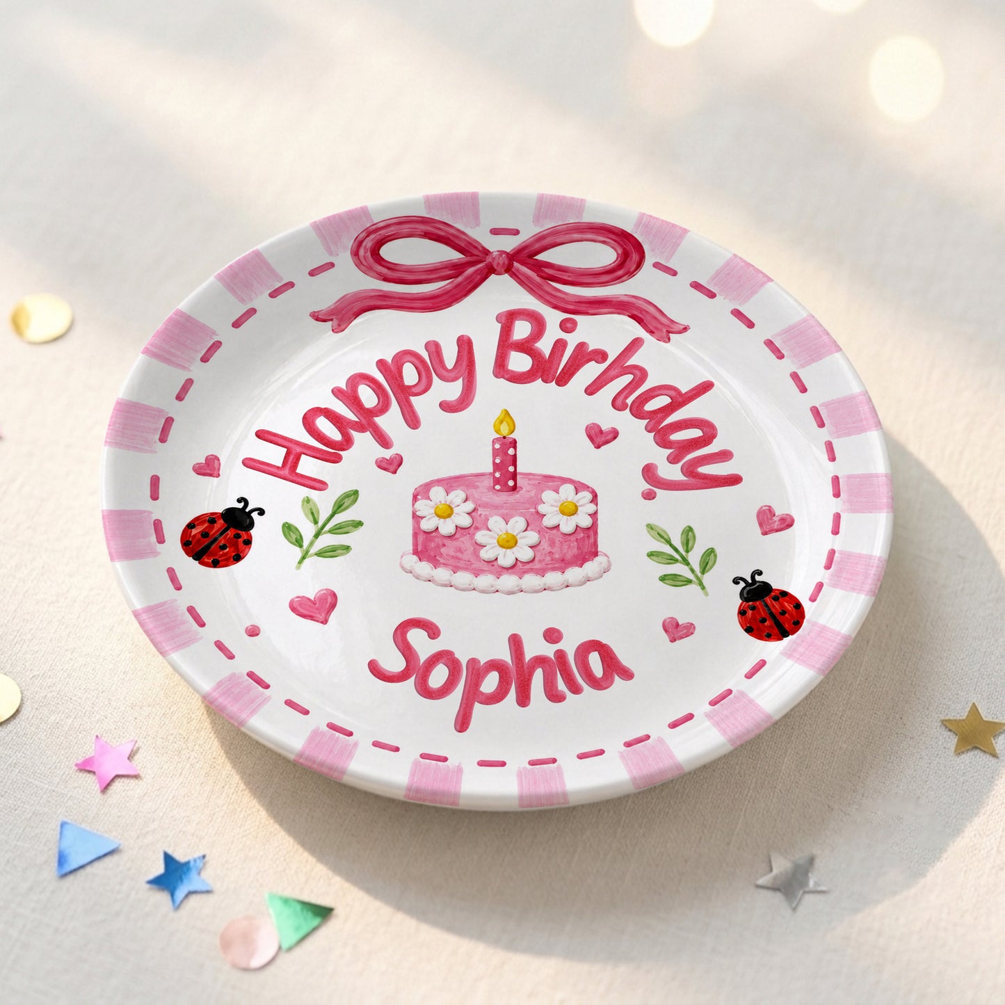 Pink Gingham Ladybug Keepsake Personalized Birthday Plate P7184FK0