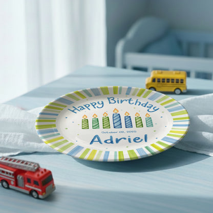 Blue Green Stripe Candle Personalized Birthday Plate for Kids D321PXW0