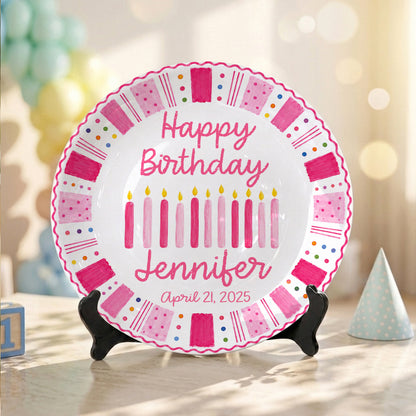 Pink Birthday Candles Personalized Birthday Plate for Kids Ceramic Keepsake Gift P86W4N0