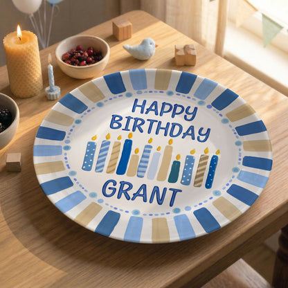 Blue and Tan Striped Border with Birthday Candles Personalized Birthday Plate D49EZG0