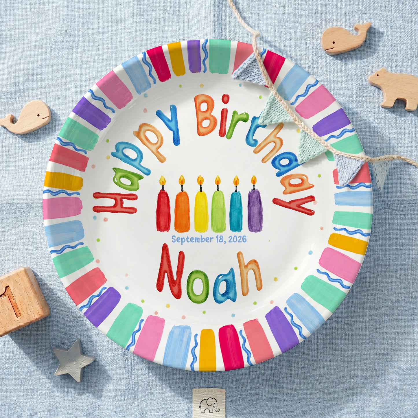 Rainbow Stripe Colorful Candle Personalized Birthday Plate D6103AG0