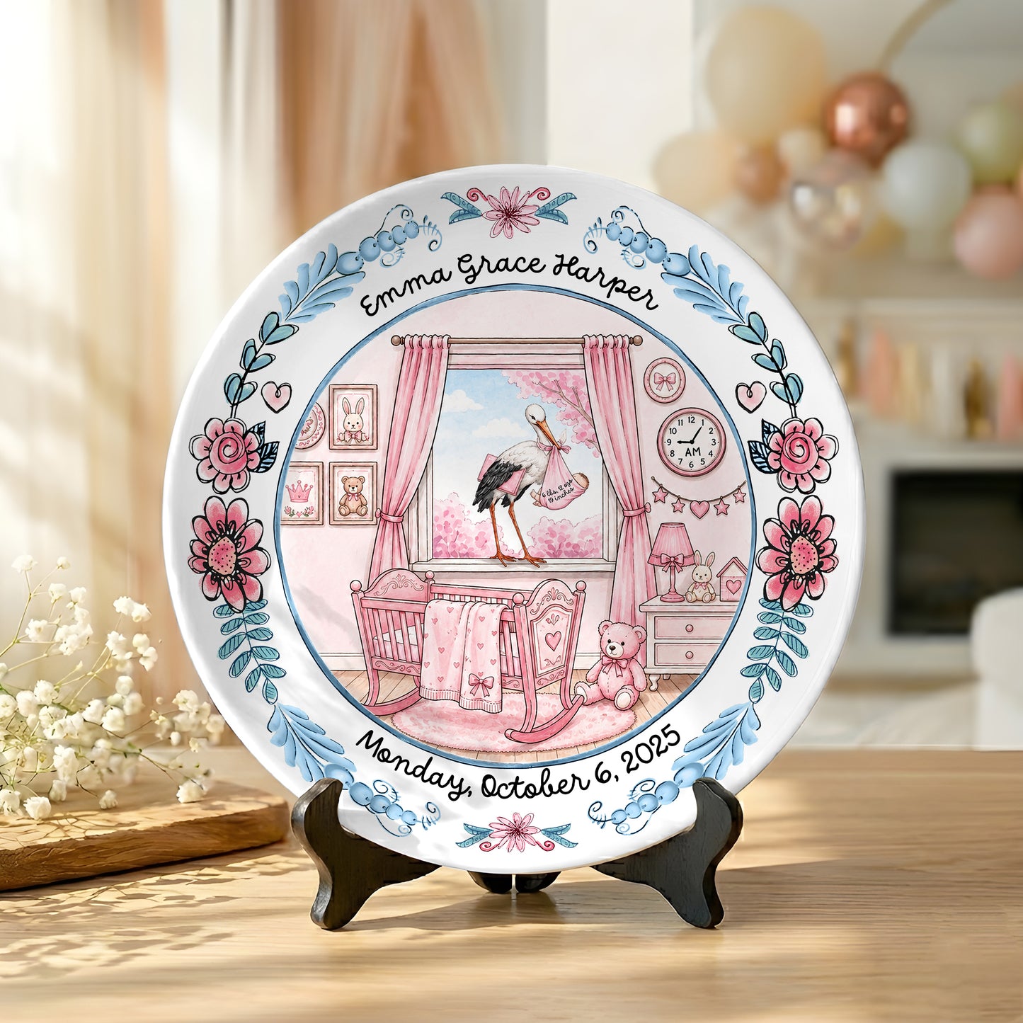 Pink Nursery Room with Stork and Floral Border Personalized Birthday Plate P518MN50