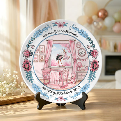Pink Nursery Room with Stork and Floral Border Personalized Birthday Plate P518MN50